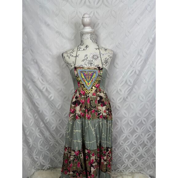 Boston Proper Nomad Camo Tassels Maxi Dress with Pom Poms Size XS - Picture 6 of 9